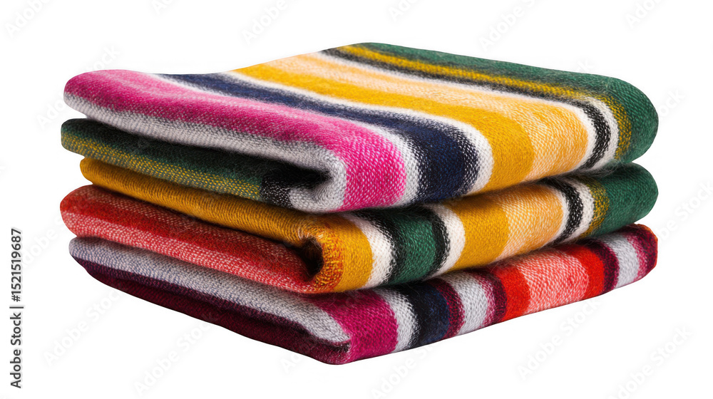 Poster warm and colorful striped blankets are neatly folded and stacked, creating a cozy and inviting scene