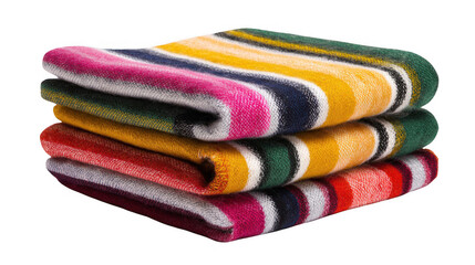 Warm and colorful striped blankets are neatly folded and stacked, creating a cozy and inviting scene, perfect for showcasing comfort, warmth, and style on a transparent background