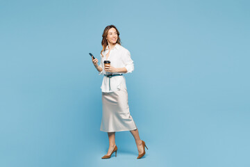 Full body young employee business woman corporate lawyer wear shirt classic formal clothes work in...