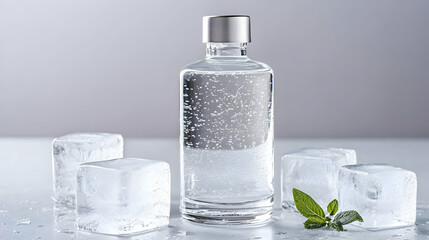 Clear Sparkling Water Bottle With Ice Cubes And Mint