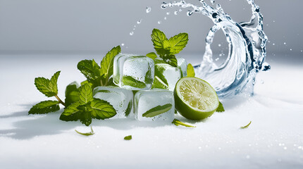 Refreshing composition of lime, mint, ice cubes, and water splash on clean white backdrop.