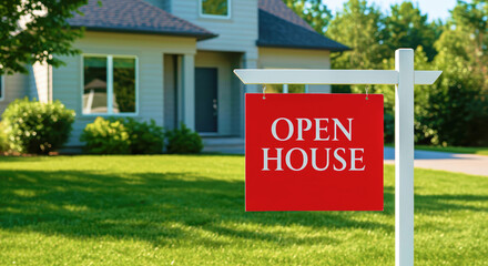 Open house sign in front of modern home with green lawn  