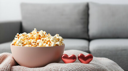 Pink Bowl Of Popcorn With Hearts On A Blanket Near Sofa