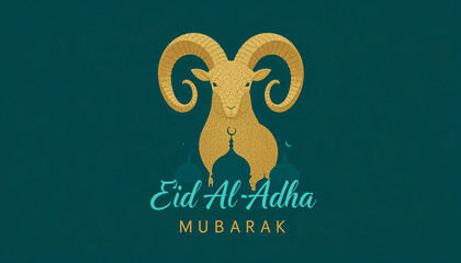 Eid al adha mubarak illustration featuring a golden ram on a teal background