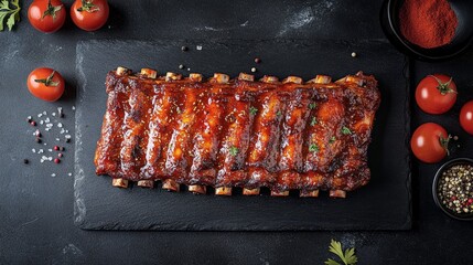 Tender barbecue ribs with a shiny BBQ glaze, char-grilled and arranged on a dark slate surface. Full of smoky aroma and irresistible bold taste.