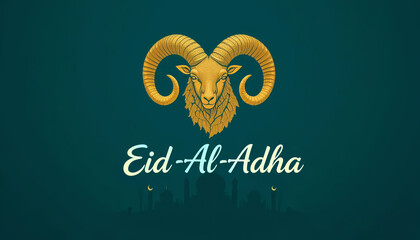 Eid al adha graphic featuring a golden ram head on a teal background design