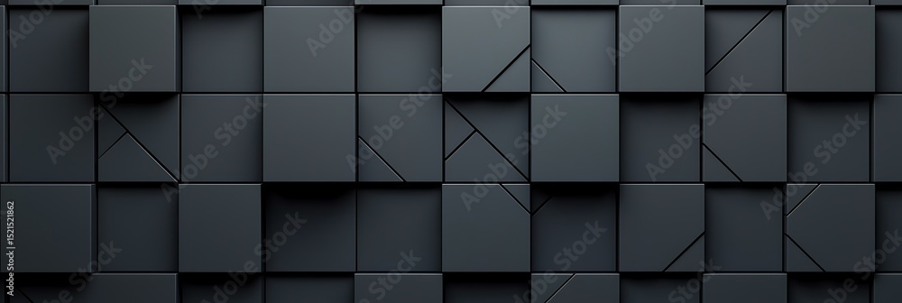 Poster dark geometric wall with raised square tiles and subtle line patterns, creating a modern, abstract 3