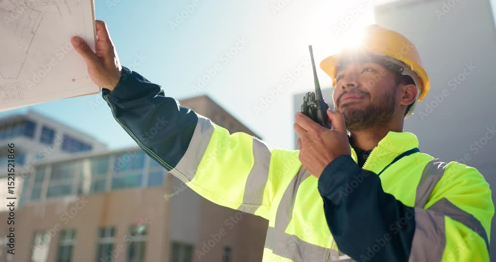 Poster man, engineer and talking on radio with clipboard for site maintenance, instructions and safety. con