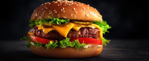 The delicious burger with cheese and fresh toppings against a dark background.