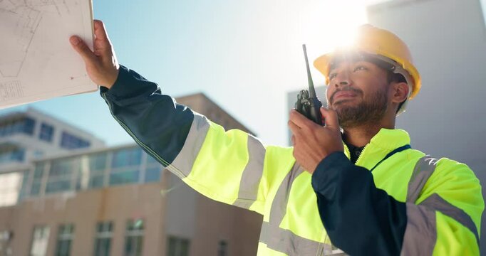 Man, engineer and talking on radio with clipboard for site maintenance, instructions and safety. Construction, low angle and feedback for project management, quality control or renovation with flare
