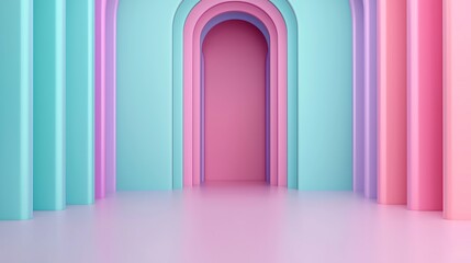 A pastel-colored, symmetrical hallway with archways in pink, blue, and purple hues.