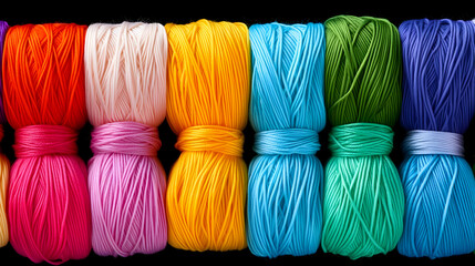 Colorful Rainbow Yarn Bundles on Black Background