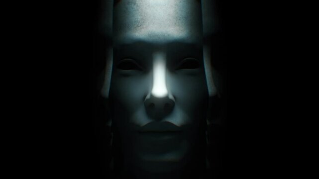 A human face that is split in the middle with repeated versions, representative of human psychology, split or multiple personalities and the ego. In a stop frame grunge textured effect.