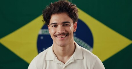 Man, face and excited with Brazil flag in studio for national pride, confidence and patriot by background. Person, model and happy in portrait with symbol, respect and sign with loyalty to country