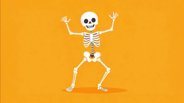 Cute Cartoon Halloween Skeleton Dancing on a Orange Background 