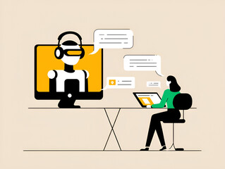 AI Virtual Assistant Chat with Businesswoman on Laptop | Flat Vector Illustration of Customer Support Bot