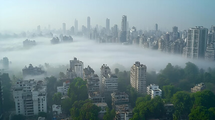 Misty Cityscape Aerial View Of Buildings