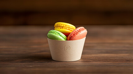 Colorful Macarons In A Small Paper Cup On Wooden Table
