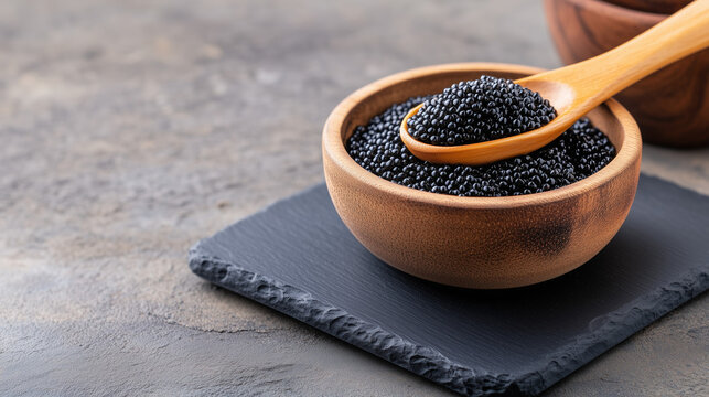 A small black slate board serving as a plate, topped with a neat portion of glossy black caviar. The studio lighting highlights the texture of the caviar, while the dark background ensures focus rema
