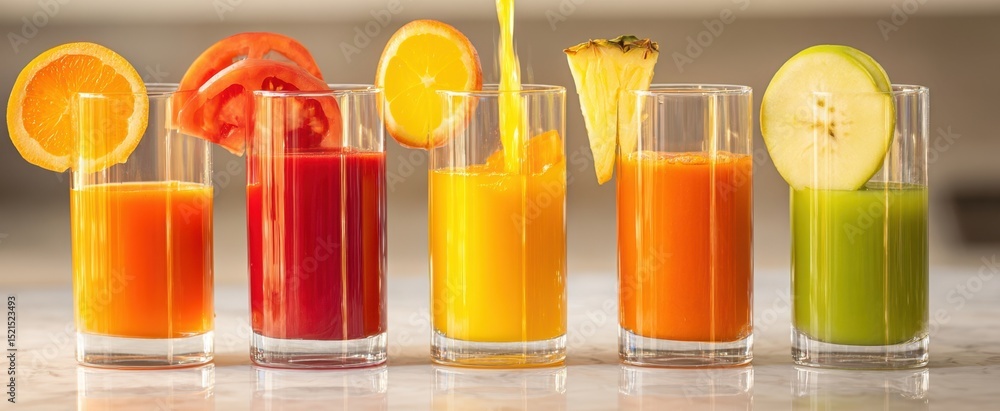 Poster the colorful array of fresh juices in clear glasses on a stylish countertop.