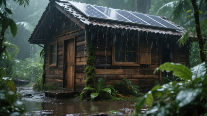 Wooden house in the middle of tropical rainforest with Photovoltaic (PV) system on the roof. Eco-friendly wooden house with solar panels on the roof when it rains