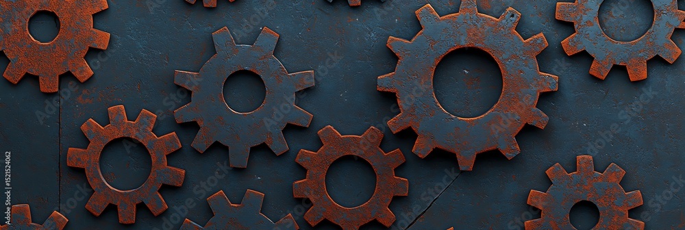 Poster multiple rusty metal gears interlock on a dark textured background, symbolizing mechanics, teamwork,