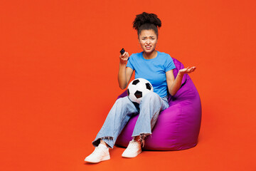 Full body young sad mad woman fan wear blue clothes cheer up support football sport team hold...