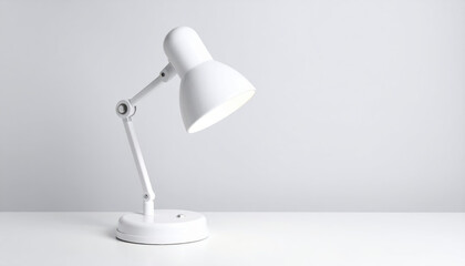 White desk lamp minimalist style modern lighting adjustable arm on white surface clean background simple design home office bright contemporary