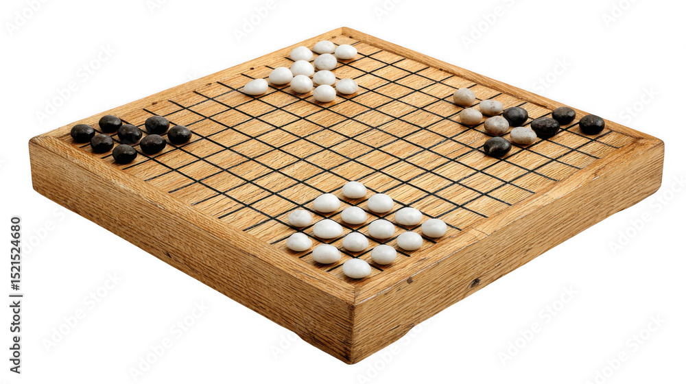 Poster go game in progress showing a wooden goban with black and white stones placed strategically on the g