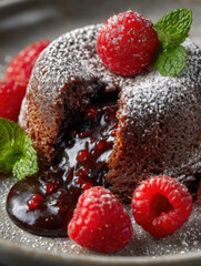 Delicious chocolate lava cake oozing molten chocolate, powdered sugar dusting, fresh raspberries on a white ceramic plate