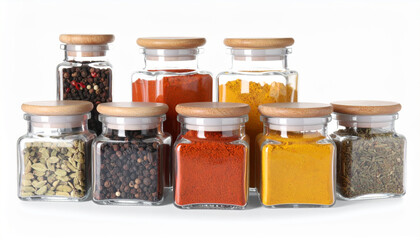 Aromatic spices in glass jars with wooden lids, including turmeric, paprika, black pepper, cardamom, and mixed herbs, arranged on white background for fresh and vibrant kitchen display