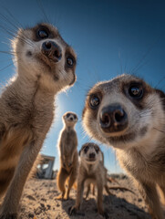 Several meerkats staring at the viewer with curious expressions, against a blue sky background