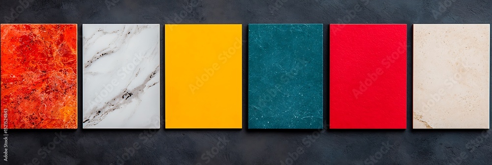 Poster six colorful rectangular tiles with varied textures are aligned side by side on a dark gray surface.