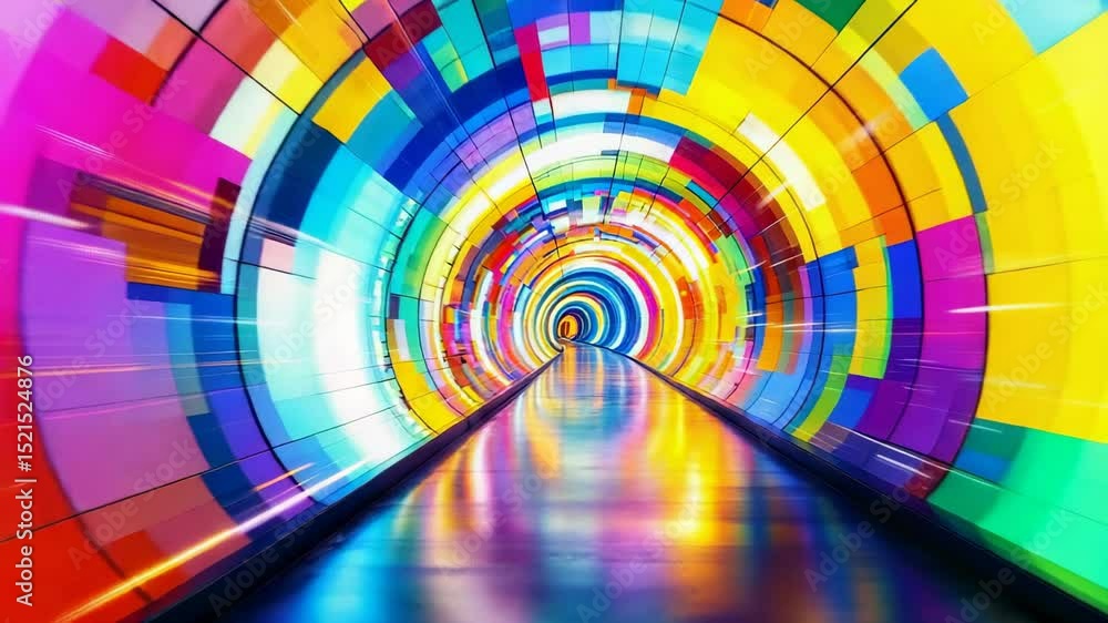 Poster vibrant colorful tunnel with geometric shapes and reflective floor creating an immersive and abstrac