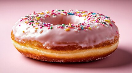 Delicious Donut With Pink Icing and Colorful Sprinkles on a Soft Pink Background