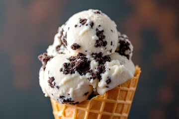 Close-up of a cone of vanilla ice cream with chocolate sprinkles.