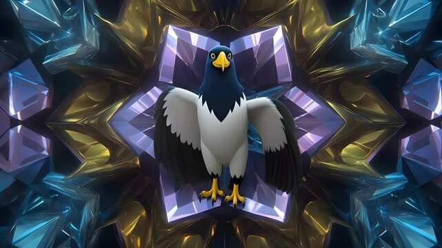 Kaleidoscopic Geometric Pattern of Glowing Crystals and Angular Metal Pieces in Symmetrical Design (AI Video)