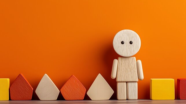 A wooden figure stands among colorful geometric blocks against a vibrant orange background.