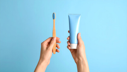 Two hands holding bamboo toothbrush and blue toothpaste tube on pastel blue background, promoting daily oral hygiene and eco friendly dental care