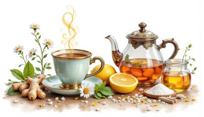 Fototapeta premium Cozy Tea Still Life in Vibrant Watercolor Style with Herbal Ingredients