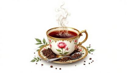 Charming Watercolor Illustration of Tea Cup with Steam and Details