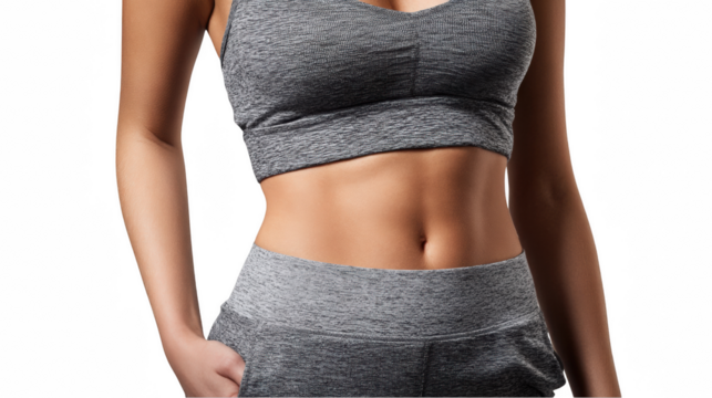Close up of a sporty woman's toned midriff in a gray sports outfit against a transparent background, emphasizing fitness, health, and an active lifestyle - Powered by Adobe