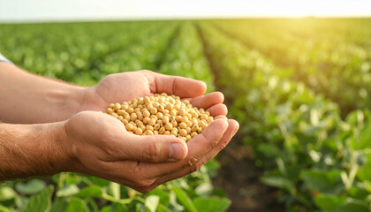 Soybean hand field agriculture crop harvest organic farm nature sunlight—A close up of hands holding soybeans with lush green soybean field in background symbolizing organic farming and harvest