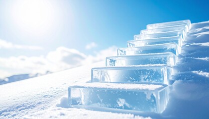 Glistening Transparent Ice Steps Anchored in Snow with a Blue Sky Shine