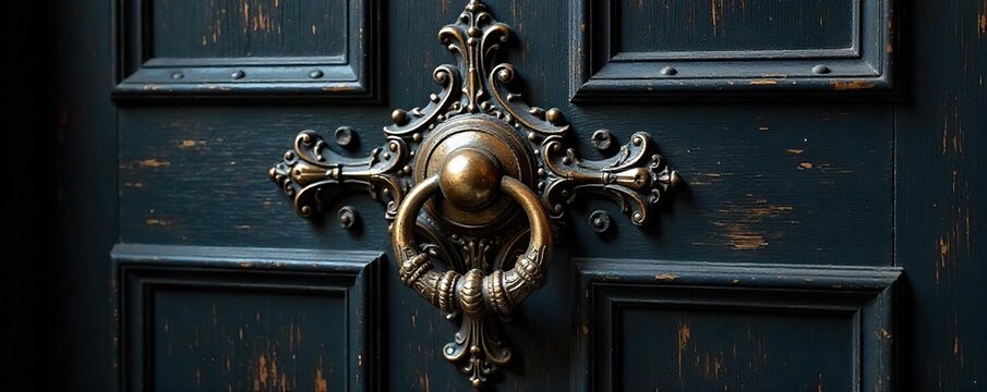 Ornate Victorian-era details on a dark wooden door, including intricate carvings and a brass knocker Perfect for historical, architectural, or design projects , metal, aesthetic, intricate