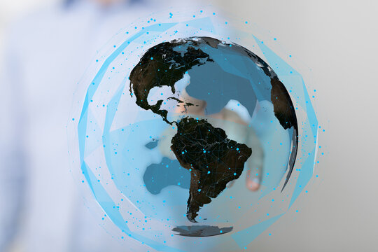 Abstract digital globe, network, connection, technology, global, internet, communication, data, world map, futuristic