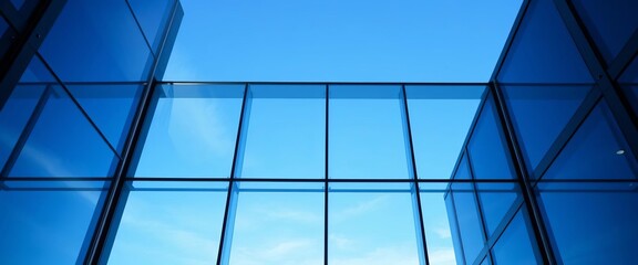 Fototapeta premium Modern glass office building windows against blue sky, office tower, urban