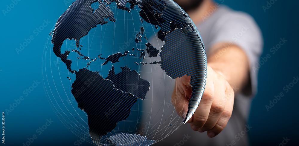 Poster Person's hand interacts with a digital globe, symbolizing global connection and networking.