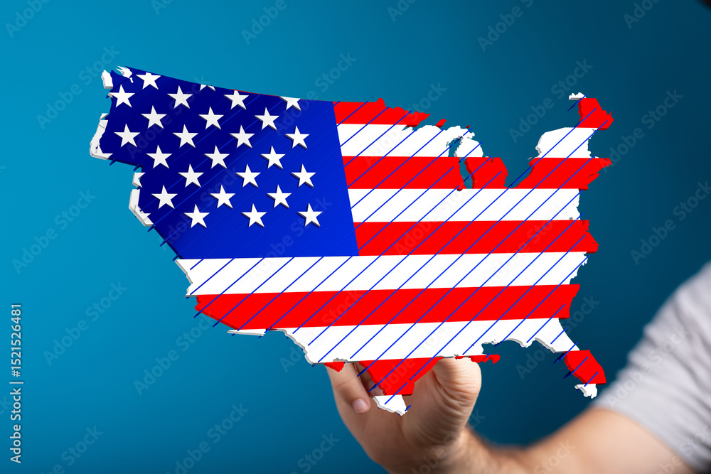 Poster patriotic 3d rendering of the united states map designed with the american flag.