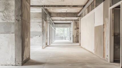 Empty Concrete Hallway With Exposed Piping and Open Doorways Under Bright Light